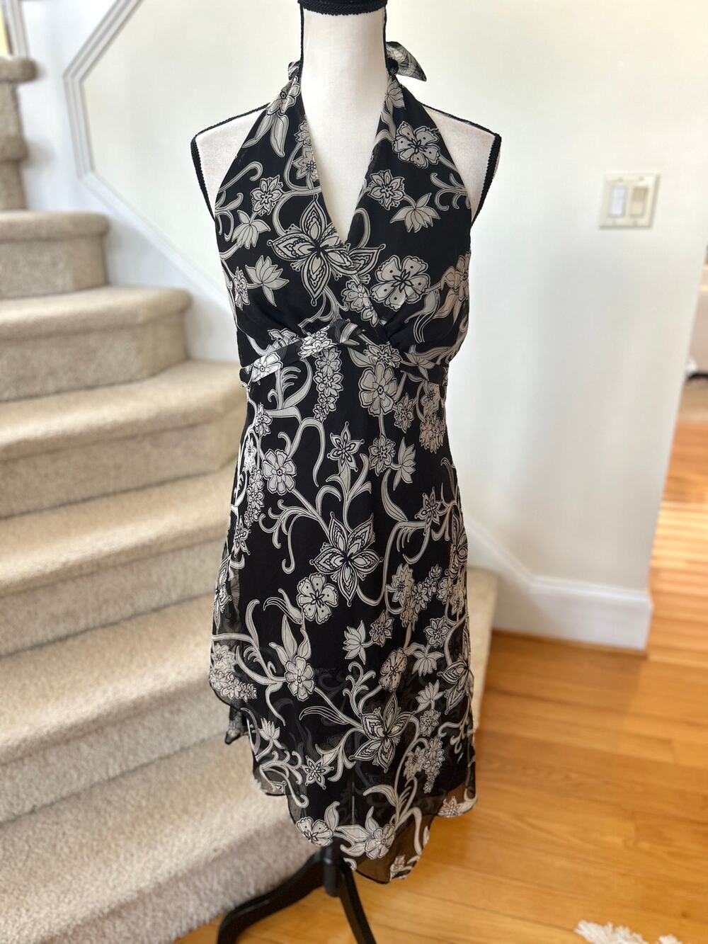 Vintage Y2K Fairy Whimsygoth Boho Black Grey Floral Halter Babydoll Slip Dress